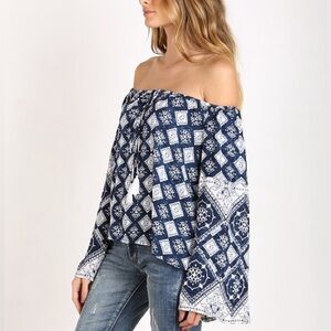 Faithful The Brand Le Pirate Top Wood Block Dark Blue White Off Shoulder Size S